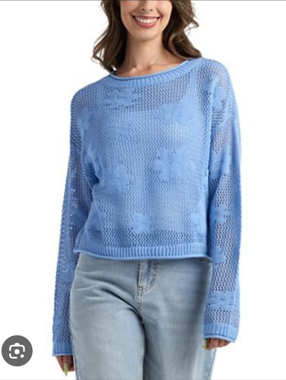 Light Blue Knit Floral Open-Weave Sweater XL